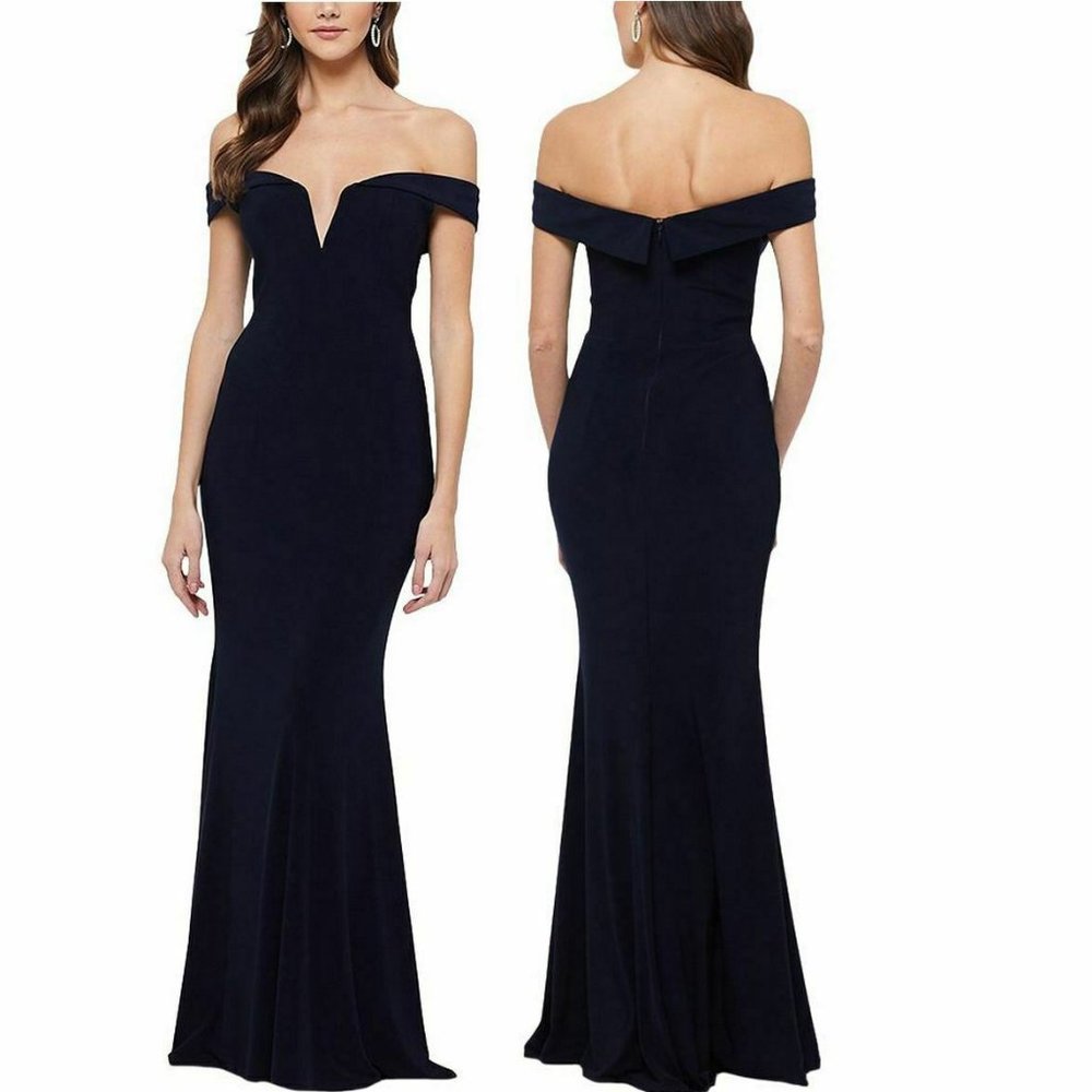 Xscape Navy Off The Shoulder Mermaid Formal Gown